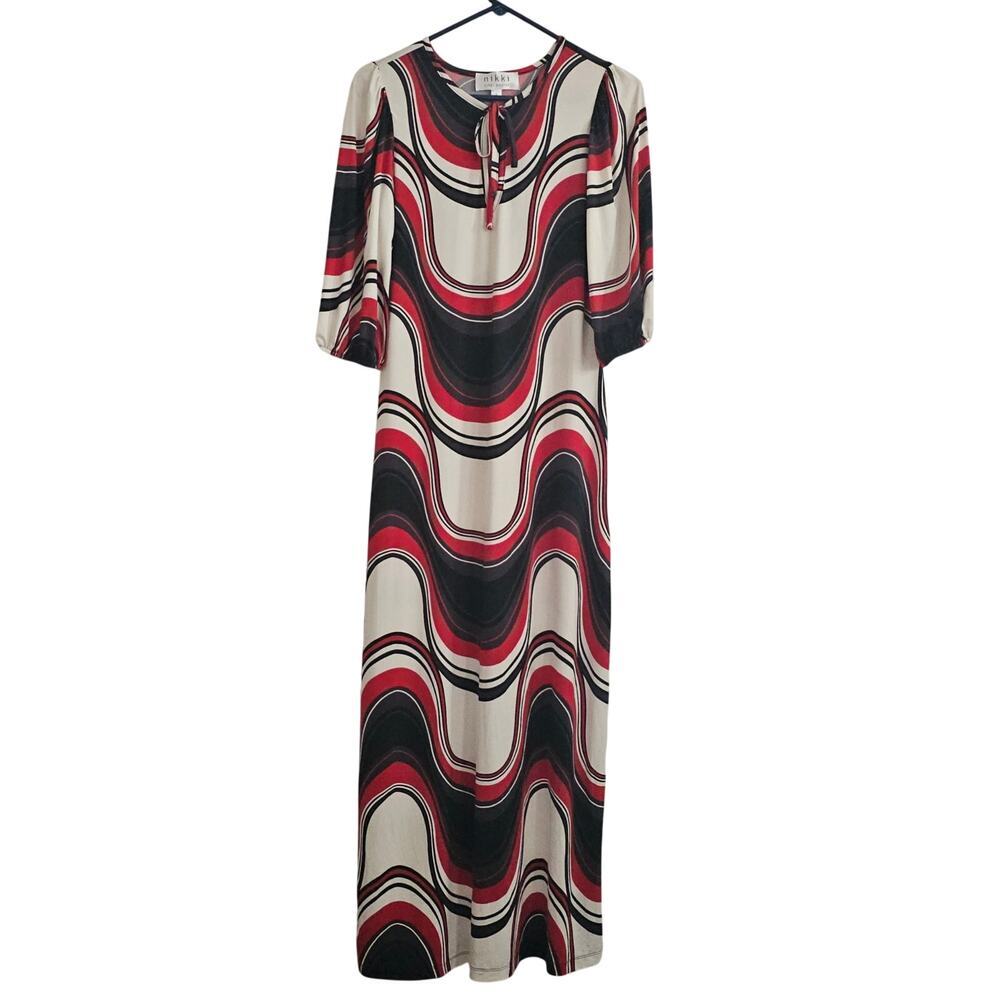 Nikki Poulos Maxi Dress Small‎ Red Black Abstract Geometric Vacation Casual